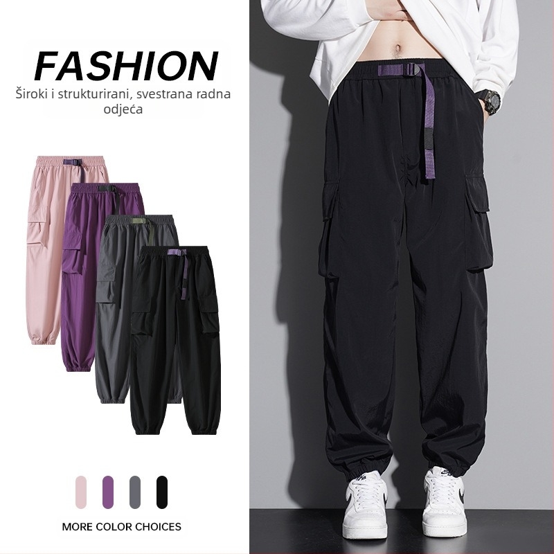 Muške casual radne hlače s ravnim krojem, srednje visine, s pojasom i prednjim vezivanjem, tkanina od laneno-sintetičke mješavine, pogodne za proljeće i jesen