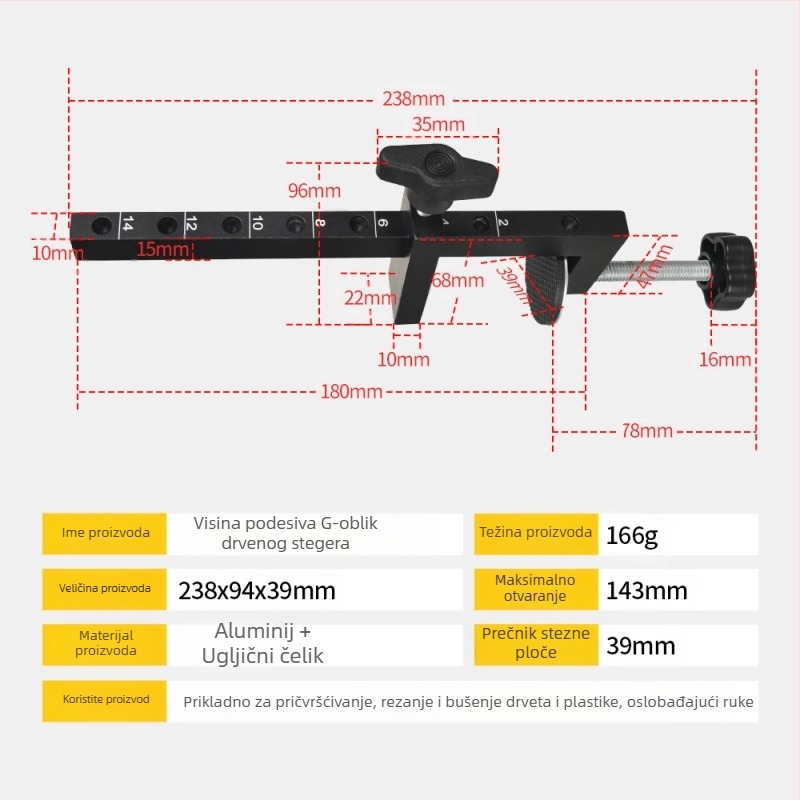 Onkel.J stisak za drvo, G- i C-oblik, od vijčane čelika, težina 0,065 kg