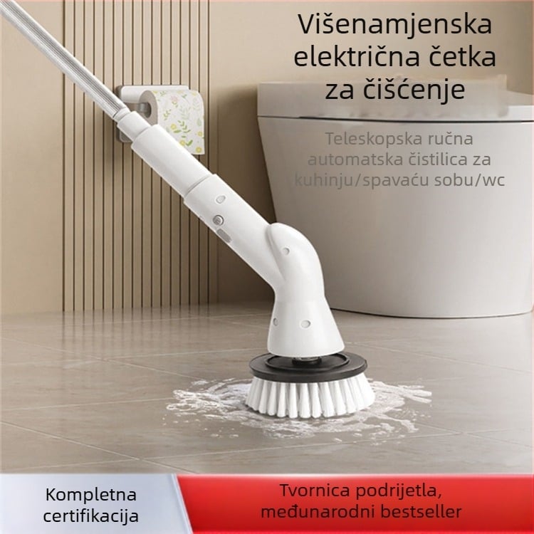 Duga bežična rotirajuća četka za čišćenje s produženom ručkom – ABS višenamjenska kućna četka s nastavcima za cipele, čaše, pukotine, pranje i kuglica za čišćenje