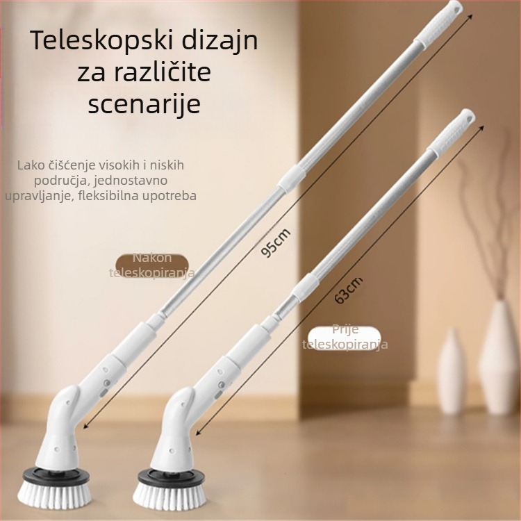 Duga bežična rotirajuća četka za čišćenje s produženom ručkom – ABS višenamjenska kućna četka s nastavcima za cipele, čaše, pukotine, pranje i kuglica za čišćenje