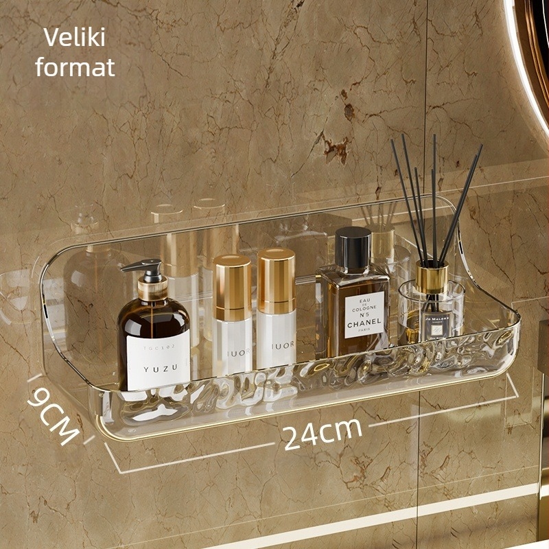 Akrilni zidni regal za kupaonicu za pohranu — otporan na vlagu, bez bušenja, 1 razina, plast