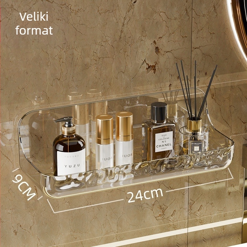 Akrilni zidni regal za kupaonicu za pohranu — otporan na vlagu, bez bušenja, 1 razina, plast