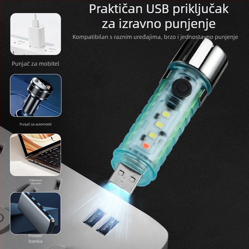 LED mini svjetiljka s ključevima za vanjsku upotrebu, vodootporna, LED+COB, snop 10–15 m, radno trajanje 3 h, baterija 400 mAh