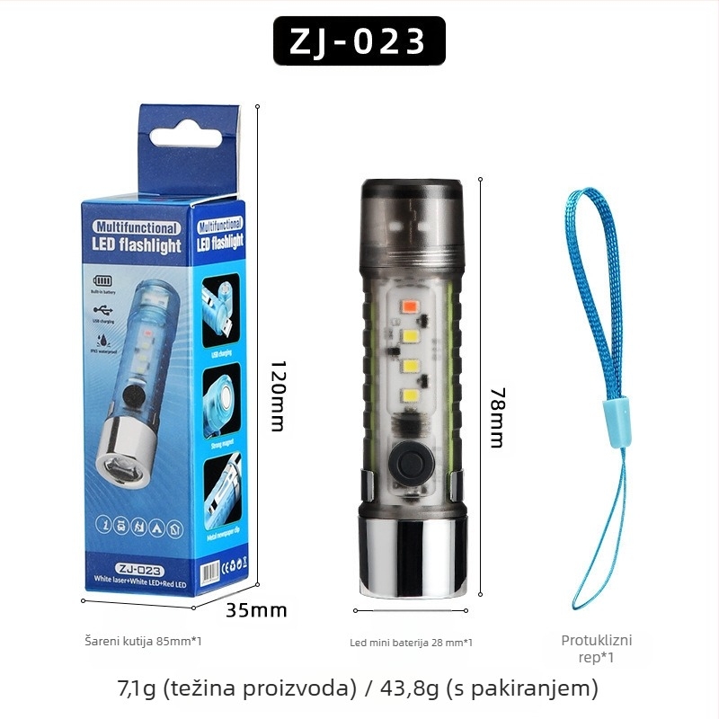 LED mini svjetiljka s ključevima za vanjsku upotrebu, vodootporna, LED+COB, snop 10–15 m, radno trajanje 3 h, baterija 400 mAh