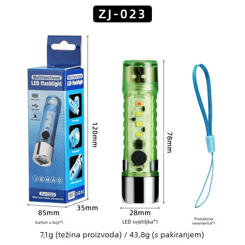 LED mini svjetiljka s ključevima za vanjsku upotrebu, vodootporna, LED+COB, snop 10–15 m, radno trajanje 3 h, baterija 400 mAh