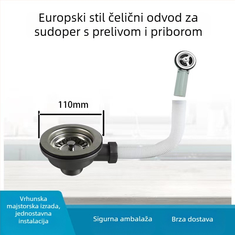 Evropski stil odvodnje sudopera s prelijevanjem, 304 nerđajući čelik, model 110/114, težina 240 g