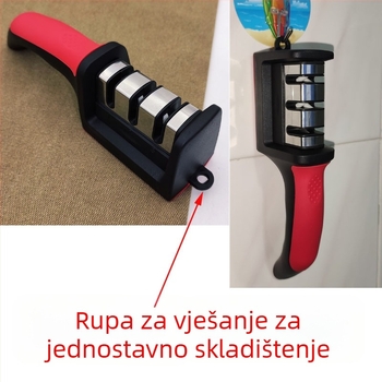 Tro-stupanjski ručni oštrić noževa s kukom, protuklizna baza, za kuhinjske nože i škare; kamen za oštrenje od visokougljičnog čelika