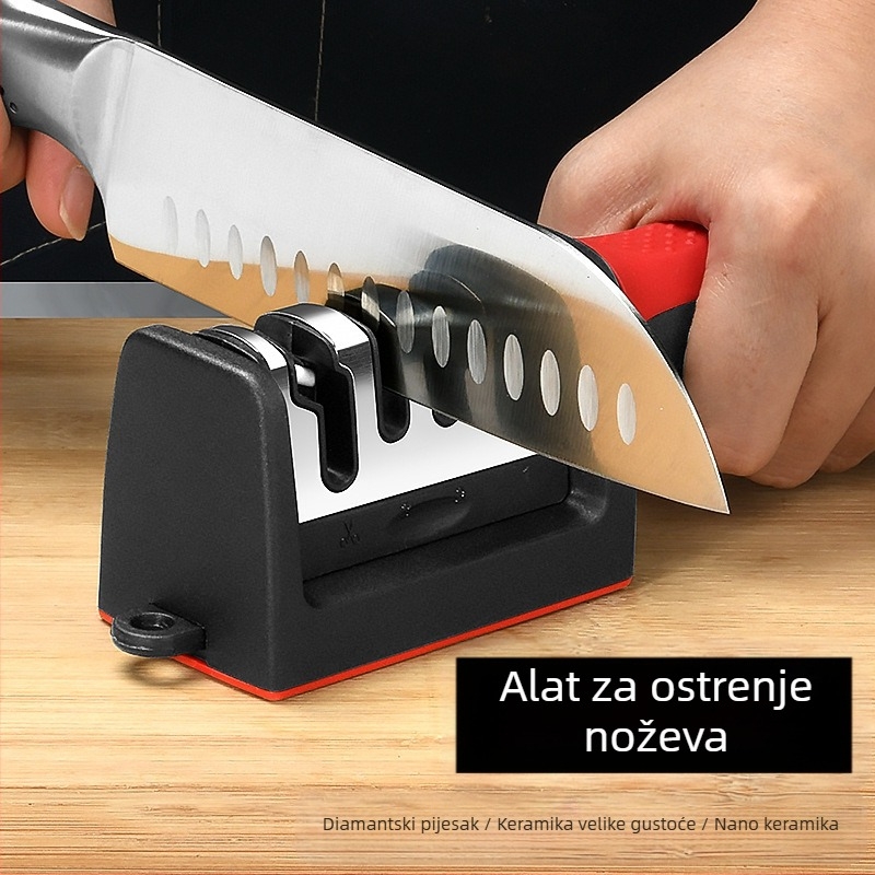 Tro-stupanjski ručni oštrić noževa s kukom, protuklizna baza, za kuhinjske nože i škare; kamen za oštrenje od visokougljičnog čelika