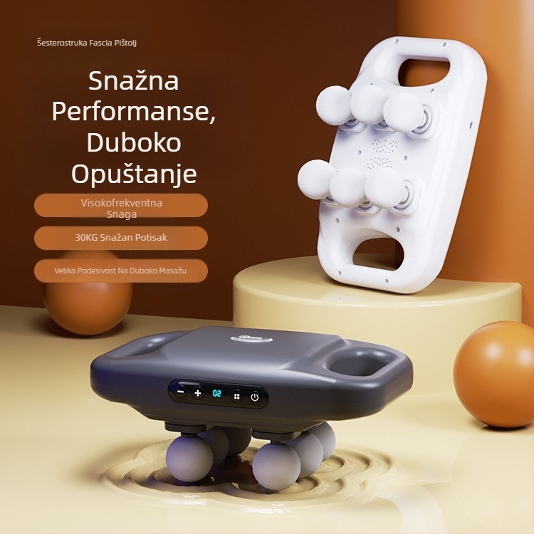 Perkusijski masažer s 6 nastavaka, brushless motor, ugrađena baterija 2000–4000 mAh, LCD zaslon, 5+ brzina, buka 36–45 dB