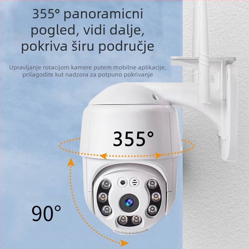 Unutarnja bežična sigurnosna kamera sa 360° panoramskim pogledom, 1080p HD, noćni način, Wi‑Fi povezivanje i alarmna obavijest.