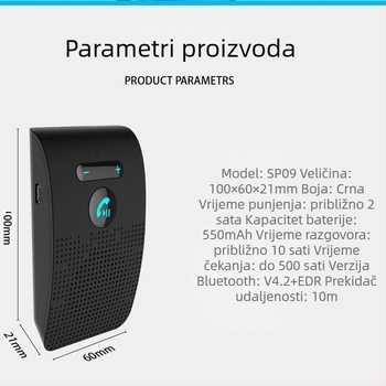 Bluetooth hands-free za automobil, ABS kućište, ugradnja u sunčani vizir, kompatibilno sa svim telefonima