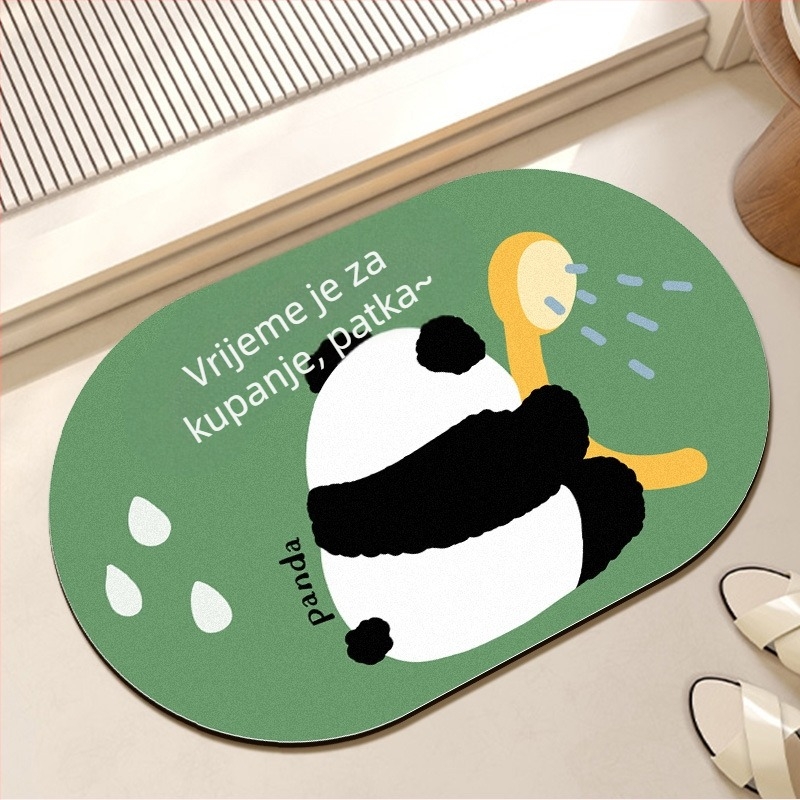 Kupaonska prostirka od diatomita gline – Panda crtić uzorak, ovalnog oblika, protuklizna