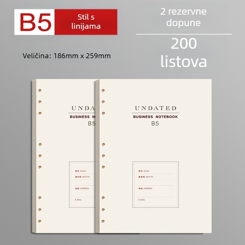 B5 zamjensko jezgro za listove s slobodnim listovima i debelim crtama, 100 listova, kompatibilno s 6 i 9 rupica, unutarnje stranice od Forest papira