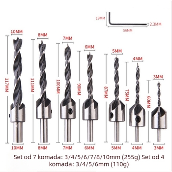 Bušilica za drvo s tri vrha od visokou brzinskog čelika, konusne glave i vodilice za pozicioniranje