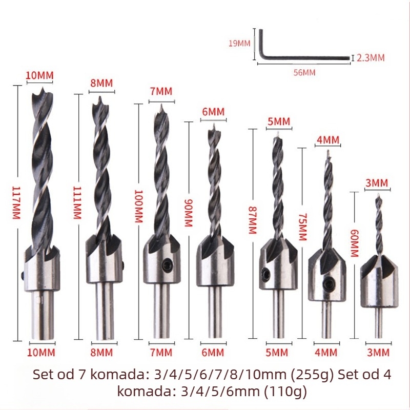 Bušilica za drvo s tri vrha od visokou brzinskog čelika, konusne glave i vodilice za pozicioniranje