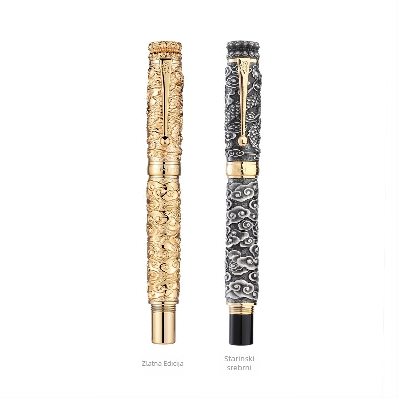 Poklon-pen s reljefom u kineskom retro stilu, nib 18KGP, metalno tijelo, model Huabao, sustav upijanja tinte