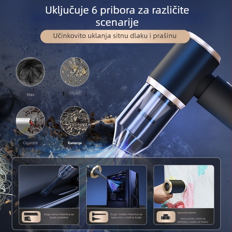 Ručni bežični usisavač za automobil s funkcijom usisavanja i puhanja, 120W, ≤36V, ugrađena baterija 3000–4000 mAh, buka 46–70 dB