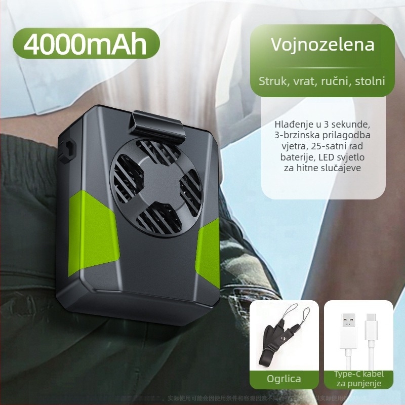 Ventilator za pojas za sport, USB napajanje, bezčetkasti motor, 3 brzine, buka 36–45 dB, 5V 3W, ugrađena baterija 2000–4000 mAh