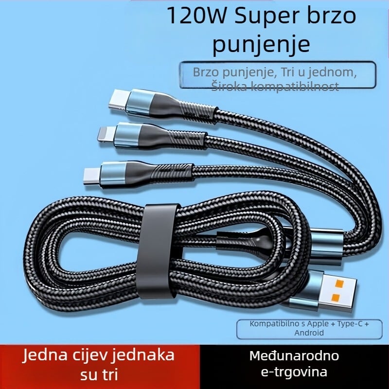 Kabel za brzo punjenje tri u jednu s USB Type-C, Lightning i Mini USB, 60W, aluminijsko kućište