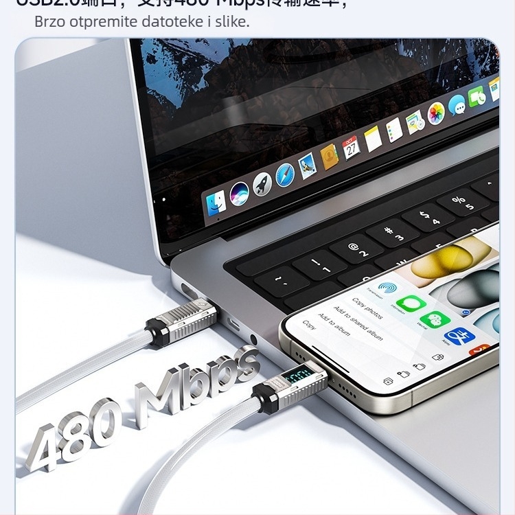 Toocki USB-C na USB-C kabel, 100W, cinkova legura, digitalni zaslon