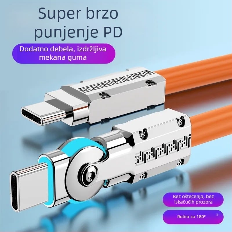 Kabel za podatke i napajanje s 180° okretom lakta, USB-C i Lightning, silikon, jedan izlaz, 80W max