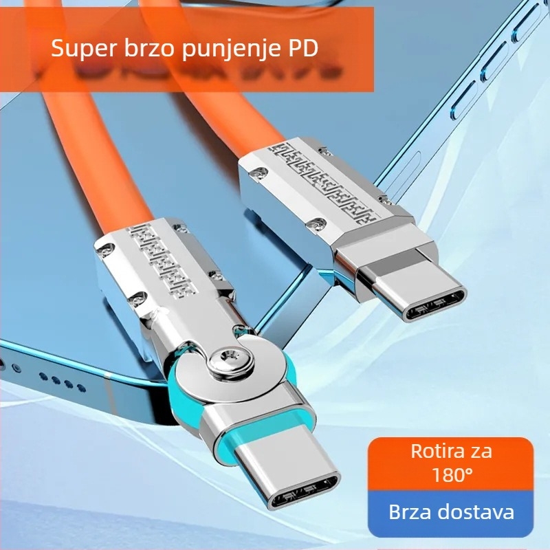 Kabel za podatke i napajanje s 180° okretom lakta, USB-C i Lightning, silikon, jedan izlaz, 80W max