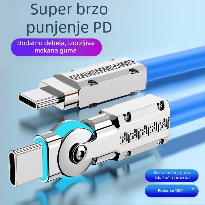 Kabel za podatke i napajanje s 180° okretom lakta, USB-C i Lightning, silikon, jedan izlaz, 80W max