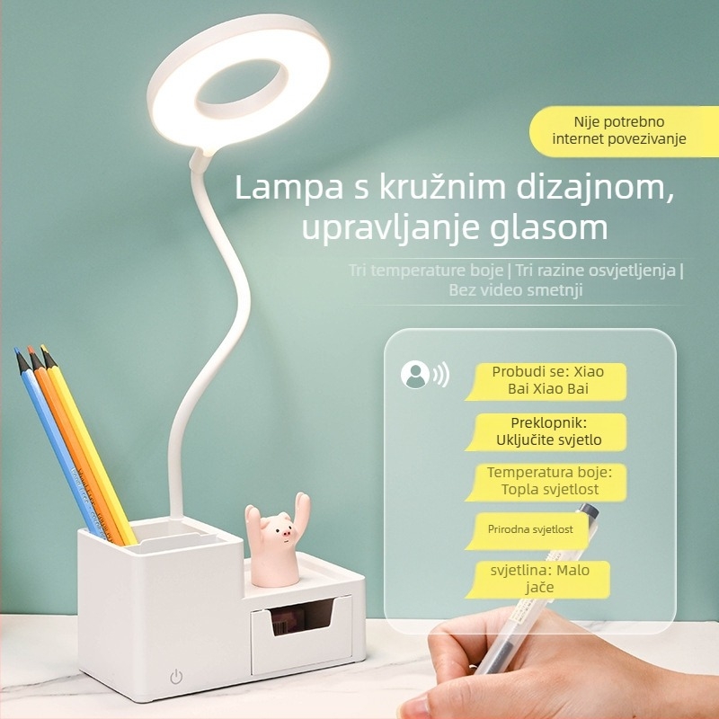 LED stolna lampa za studentski dom s glasovnim upravljanjem, USB punjenje, sklopivi dizajn s ladicom za pohranu, ugrađena baterija, CRI ≥95