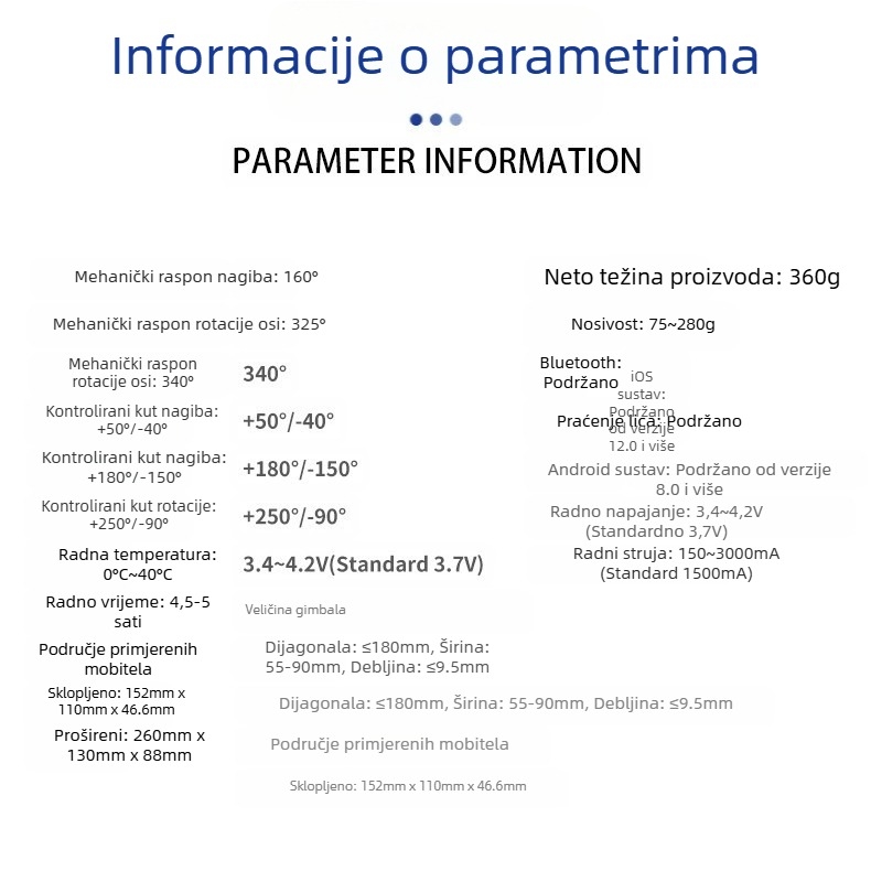 Stabilizator za mobitel s AI praćenjem lica, tro-osni ručni gimbal, Bluetooth