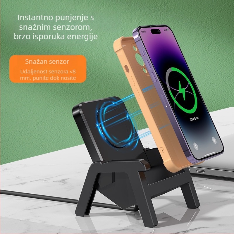 Stolni bežični punjač s uspravnim držačem, maksimalna snaga 15W, izlaz 5W/7.5W/10W/15W, QC3.0 brzo punjenje, CE/FCC/RoHS certificirano