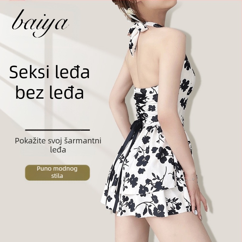 Ženski seksi jednodijelni kupaći kostim sa suknjom, uska silueta, cvjetni uzorak mak