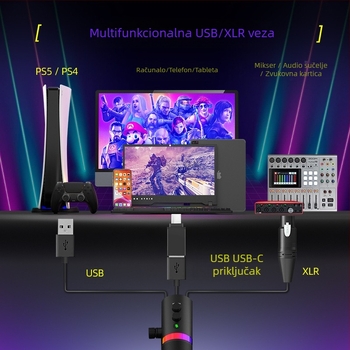 NV7 RGB gaming USB/XLR dinamički mikrofon za live stream, snimanje i karaoke — kardioidni, bežična kompatibilnost, SNR ≥ 100 dB
