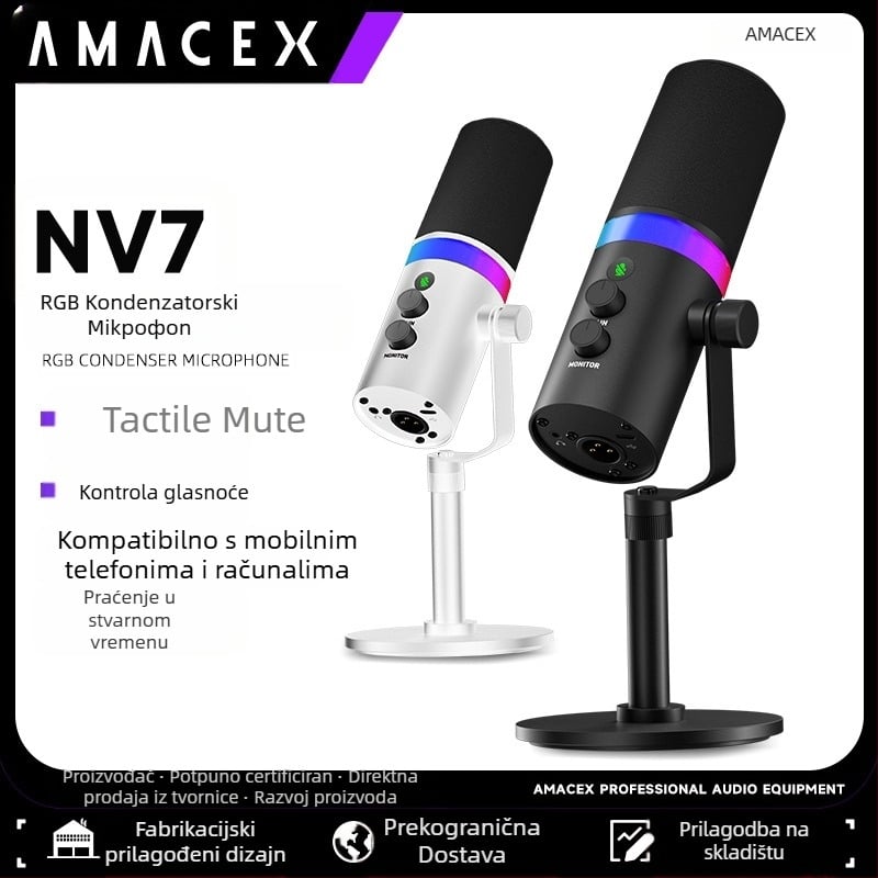 NV7 RGB gaming USB/XLR dinamički mikrofon za live stream, snimanje i karaoke — kardioidni, bežična kompatibilnost, SNR ≥ 100 dB