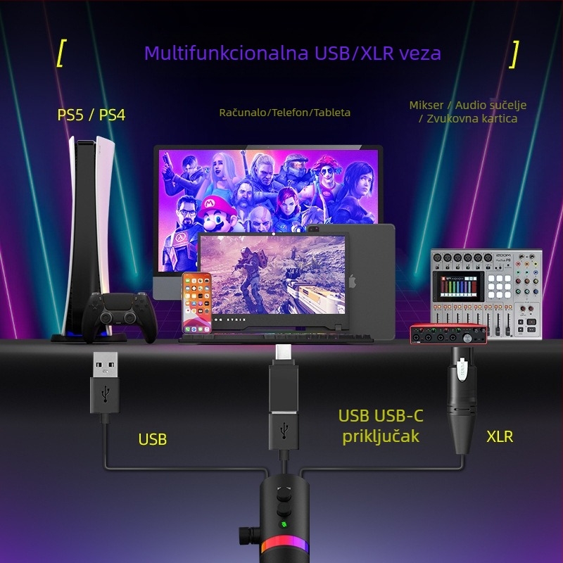 NV7 RGB gaming USB/XLR dinamički mikrofon za live stream, snimanje i karaoke — kardioidni, bežična kompatibilnost, SNR ≥ 100 dB