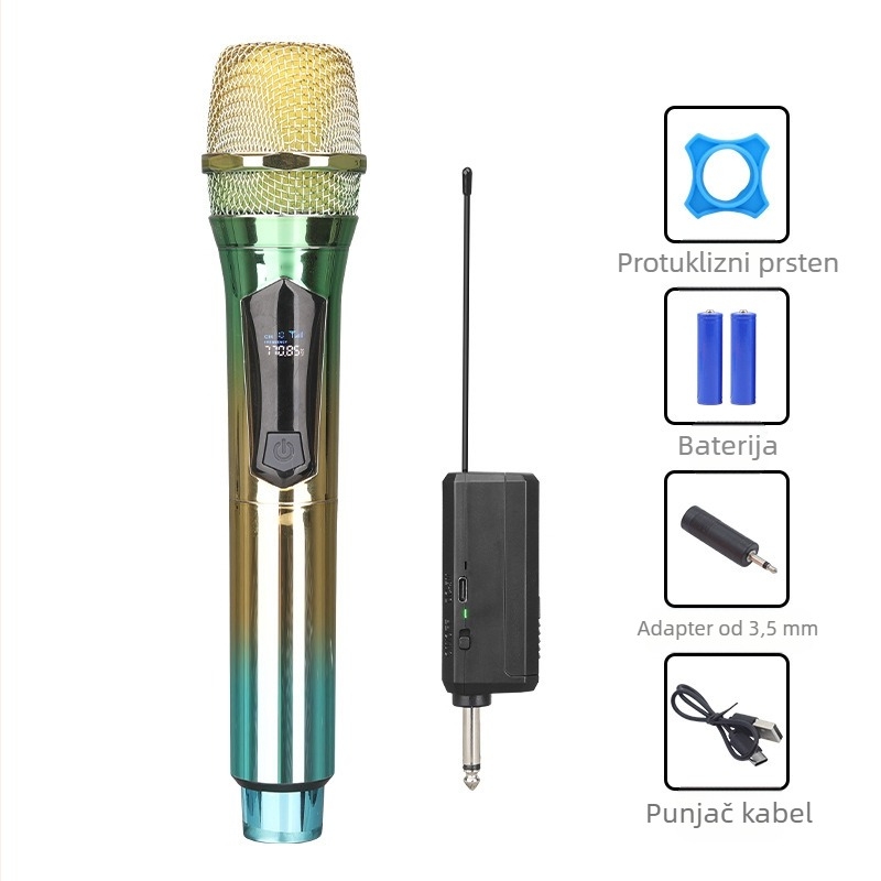 Bežični karaoké mikrofon za scenu, model W78, raspon 100 Hz-20 kHz, SNR >=75 dB, trajanje 6-8 h, ugrađena 2000-4000 mAh baterija