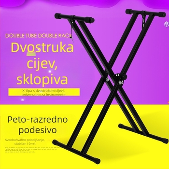 Stalak za električno klavir s X-okvirom, dvostruko složen, dvostruka cijev, kompatibilan s klavijaturama od 61 ili 88 tipki
