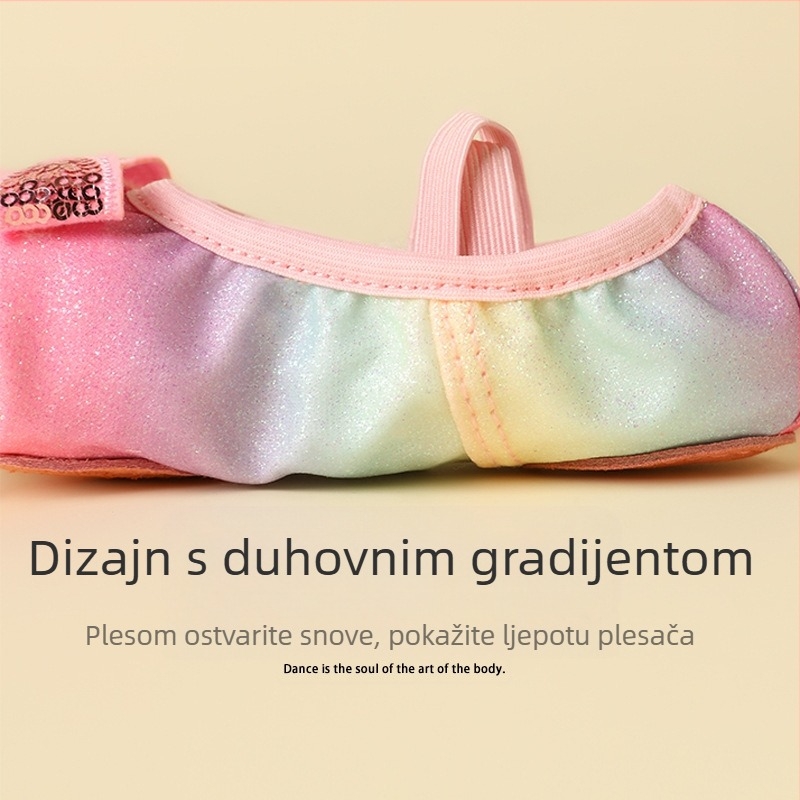 Dječje plesne cipele za balet s duginim šljokicama, mekani potplat, platnena gornja strana, prozračnost (Platnena gornja strana, Mekani potplat, Prozračnost, Za balet)