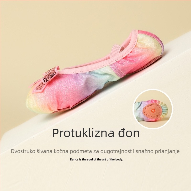 Dječje plesne cipele za balet s duginim šljokicama, mekani potplat, platnena gornja strana, prozračnost (Platnena gornja strana, Mekani potplat, Prozračnost, Za balet)