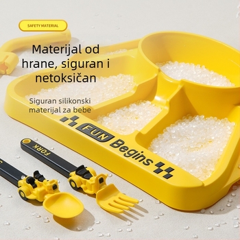 Dječji set posuđa s podijelim tanjurićem i dizajnom tricikla, PP materijal, za djecu od 12 mjeseci