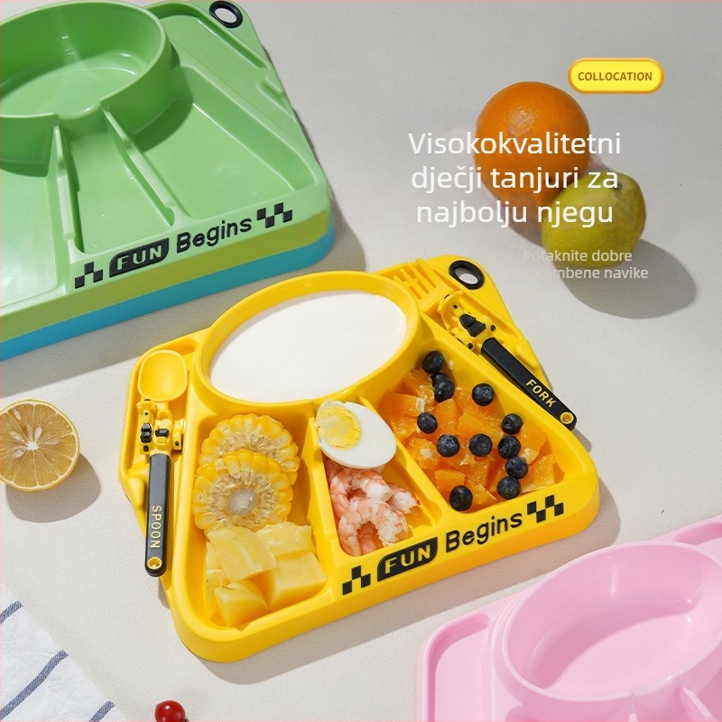 Dječji set posuđa s podijelim tanjurićem i dizajnom tricikla, PP materijal, za djecu od 12 mjeseci