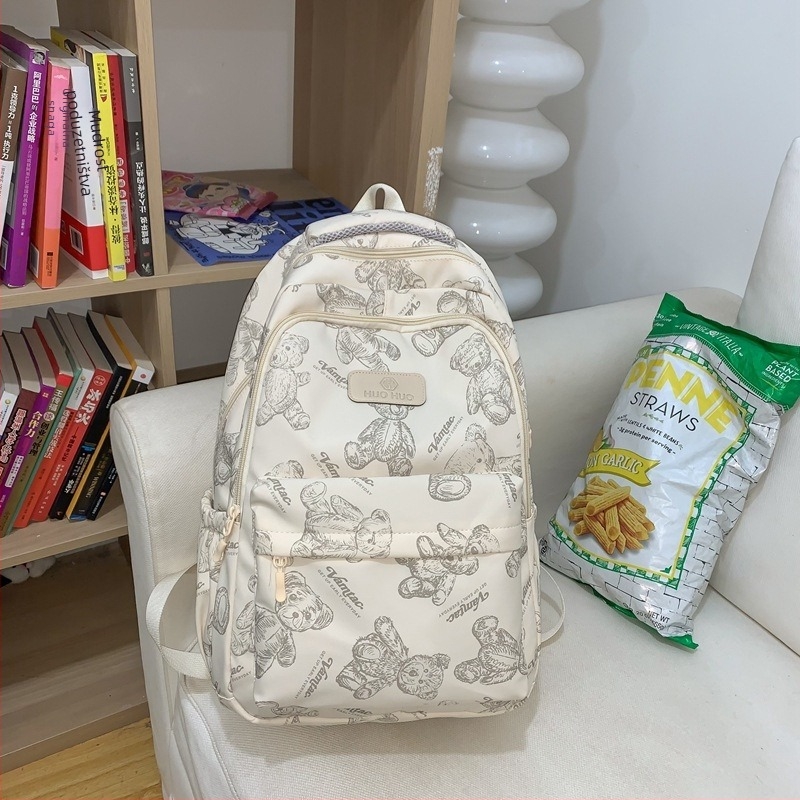 Školska torba s printom medvjedića za srednjoškolce — tijelo od najlona, podstava od poliestera, zakrivljene naramenice