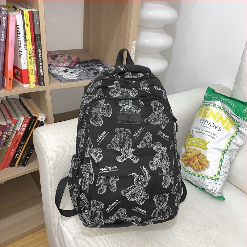 Školska torba s printom medvjedića za srednjoškolce — tijelo od najlona, podstava od poliestera, zakrivljene naramenice