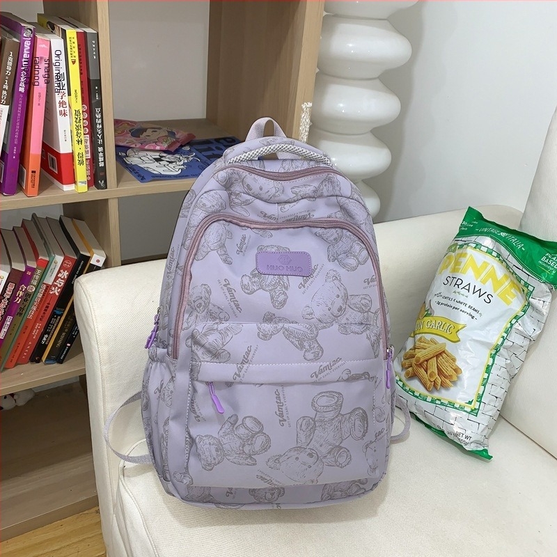 Školska torba s printom medvjedića za srednjoškolce — tijelo od najlona, podstava od poliestera, zakrivljene naramenice