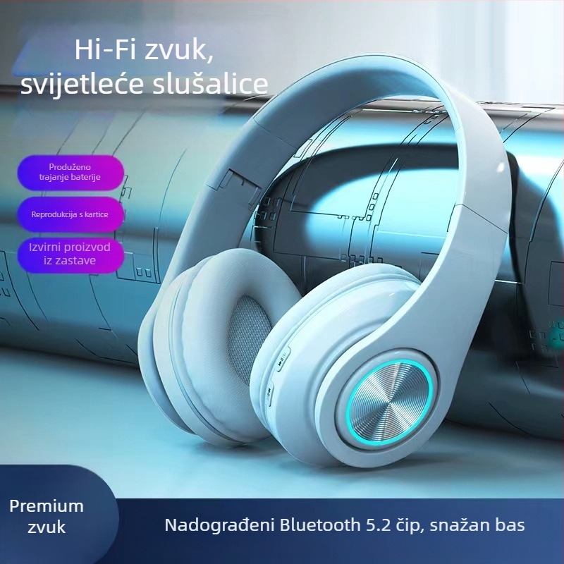 Bežične Bluetooth slušalice na glavi s LED osvjetljenjem, snažan bas, Bluetooth 5.2, domet 10 m, IPX3