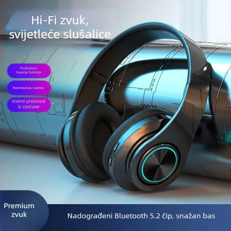 Bežične Bluetooth slušalice na glavi s LED osvjetljenjem, snažan bas, Bluetooth 5.2, domet 10 m, IPX3