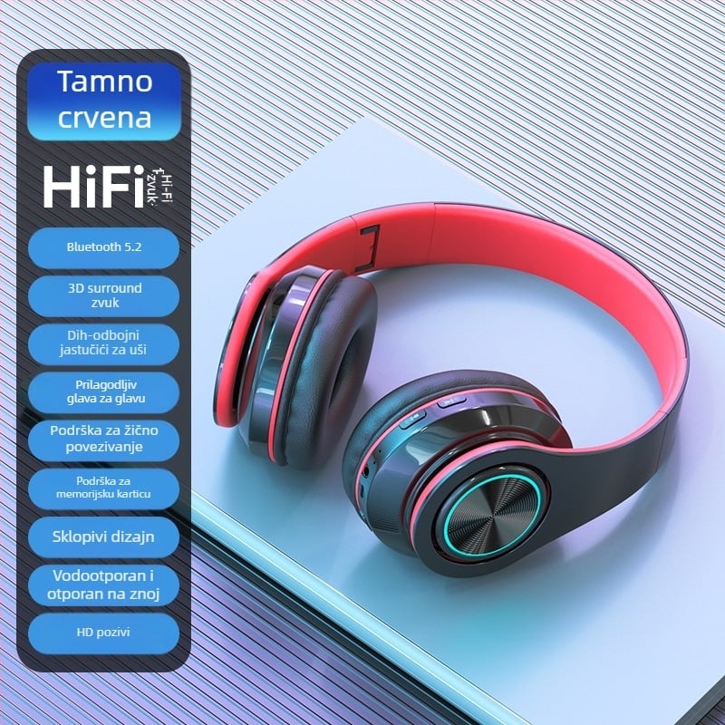 Bežične Bluetooth slušalice na glavi s LED osvjetljenjem, snažan bas, Bluetooth 5.2, domet 10 m, IPX3