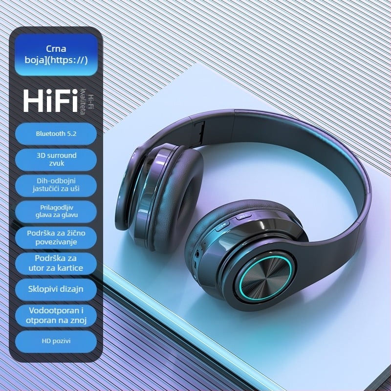 Bežične Bluetooth slušalice na glavi s LED osvjetljenjem, snažan bas, Bluetooth 5.2, domet 10 m, IPX3