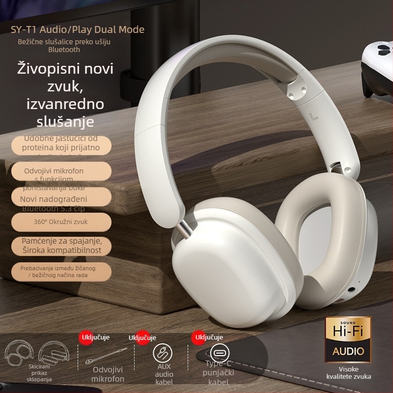 T1 bežične slušalice s trakom za glavu, Bluetooth 5.3, domet 10 m, trajanje baterije 8+ sati, stereo zvuk