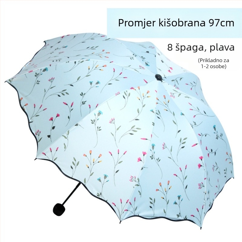 Sklopivi sunčani kišobran za odrasle — 8 čeličnih rebara, UV zaštita UPF 50+, trodijelni dizajn, ručno otvaranje, težina 320 g.