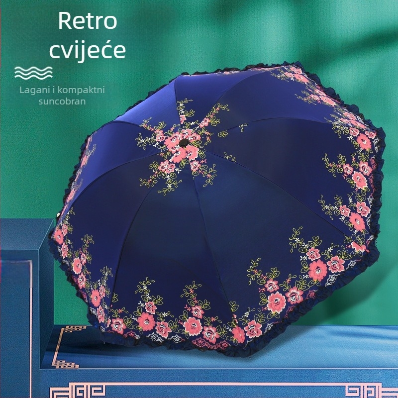 Sklopivi retro kišobran za sunce i kišu – ručno otvaranje, čelični okvir s 8 rebara, tkanina 190T, UPF 40+